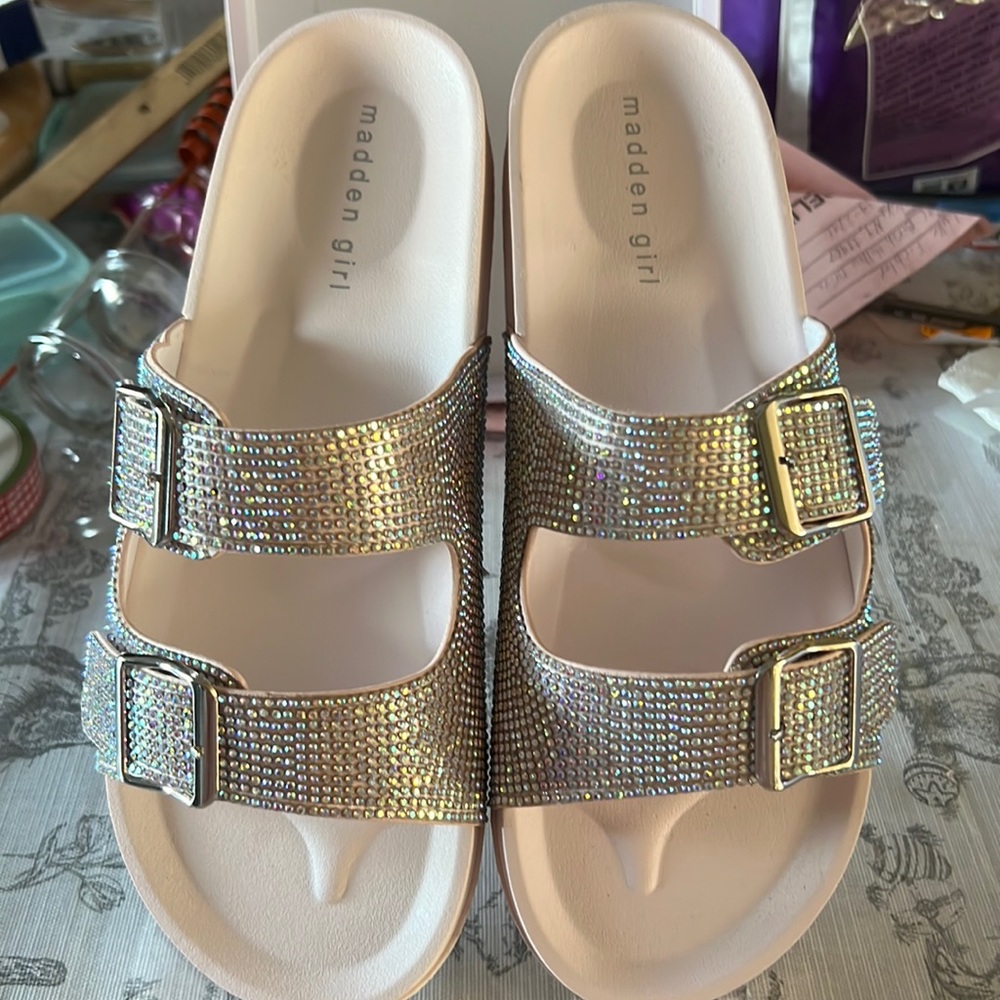Madden Girl Silver Sandals with Rhinestone Buckles